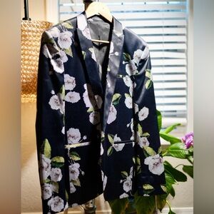 Men’s large 44R skinny fit ASOS flower print sports coat suit blazer navy blue